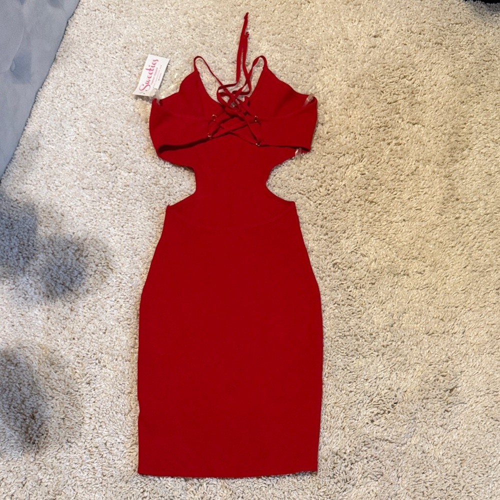 New Red mini open back knit dress strappy tie back medium sexy